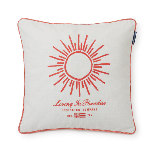 Sun Embroidered Cotton Canvas Pillow Cover White/Coral, 50x50, Lexington