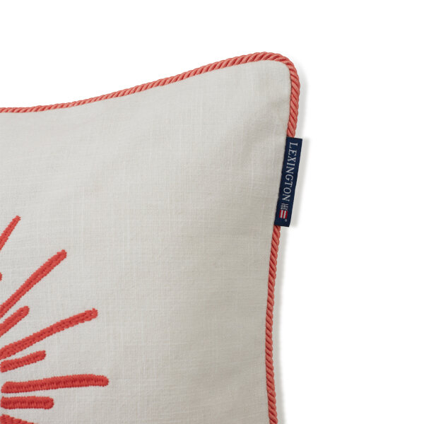 Sun Embroidered Cotton Canvas Pillow Cover White/Coral, 50x50, Lexington  2