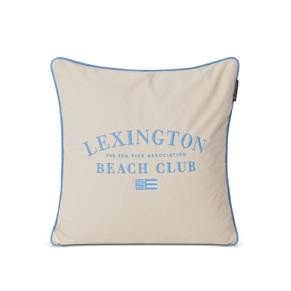 Beach Club Embroidered Organic Cotton Pillow Cover Lt Beige/Blue, 50x50, Lexington