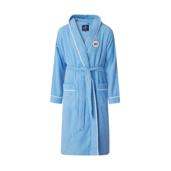 Quinn Cotton-Mix Hoodie Robe with Contrast Piping Blue, L, Lexington