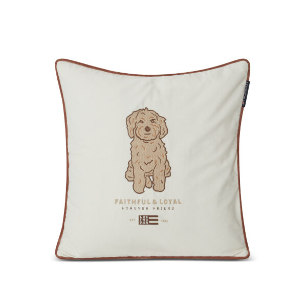 Dog Embroidered Organic Cotton Twill Pillow Cover Dk Gray/White/Brown, 50x50, Lexington