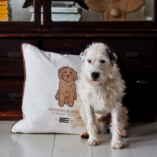 Dog Embroidered Organic Cotton Twill Pillow Cover Dk Gray/White/Brown, 50x50, Lexington  4