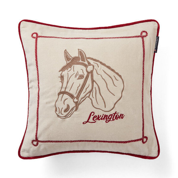 Horse Organic Cotton Velvet Pillow Cover Lt Beige/Red, 50x50, Lexington