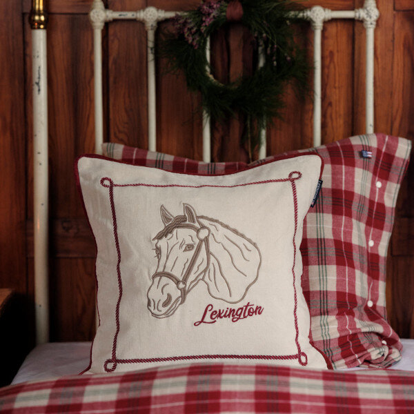 Horse Organic Cotton Velvet Pillow Cover Lt Beige/Red, 50x50, Lexington  4